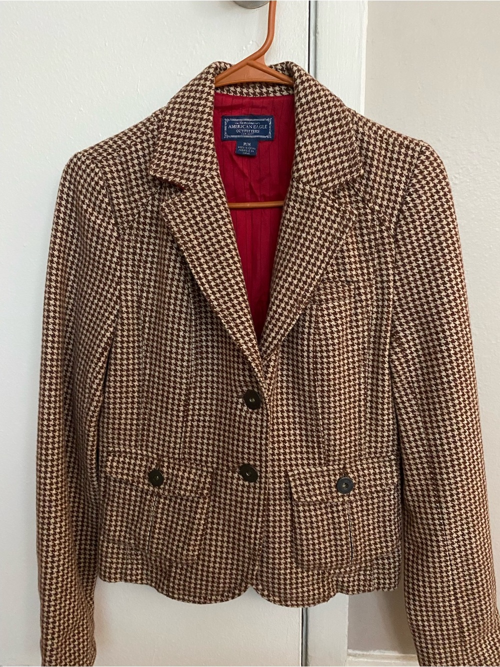 American Eagle Outfitters Brown Houndstooth Blazer with Red Lining